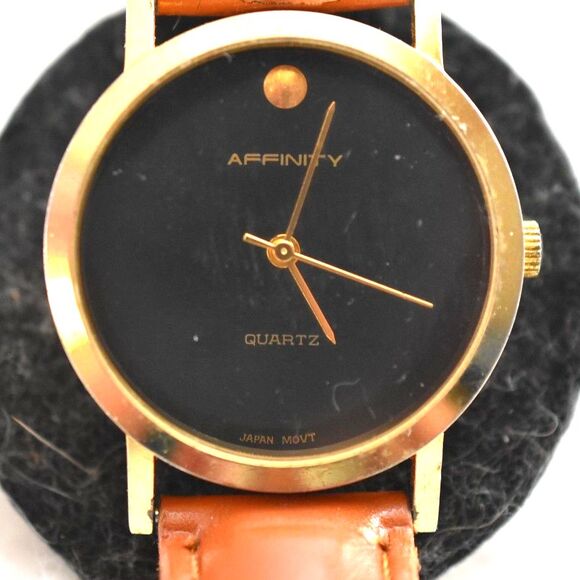 Affinity Casual Classic Black Face Gold Tone Brown Band New Battery Watch - Picture 2 of 3
